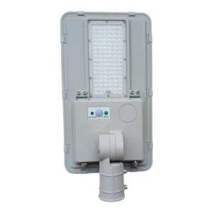Outdoor LED street light fixture with a large vertical panel of multiple LEDs and a bottom control box on a mounting arm