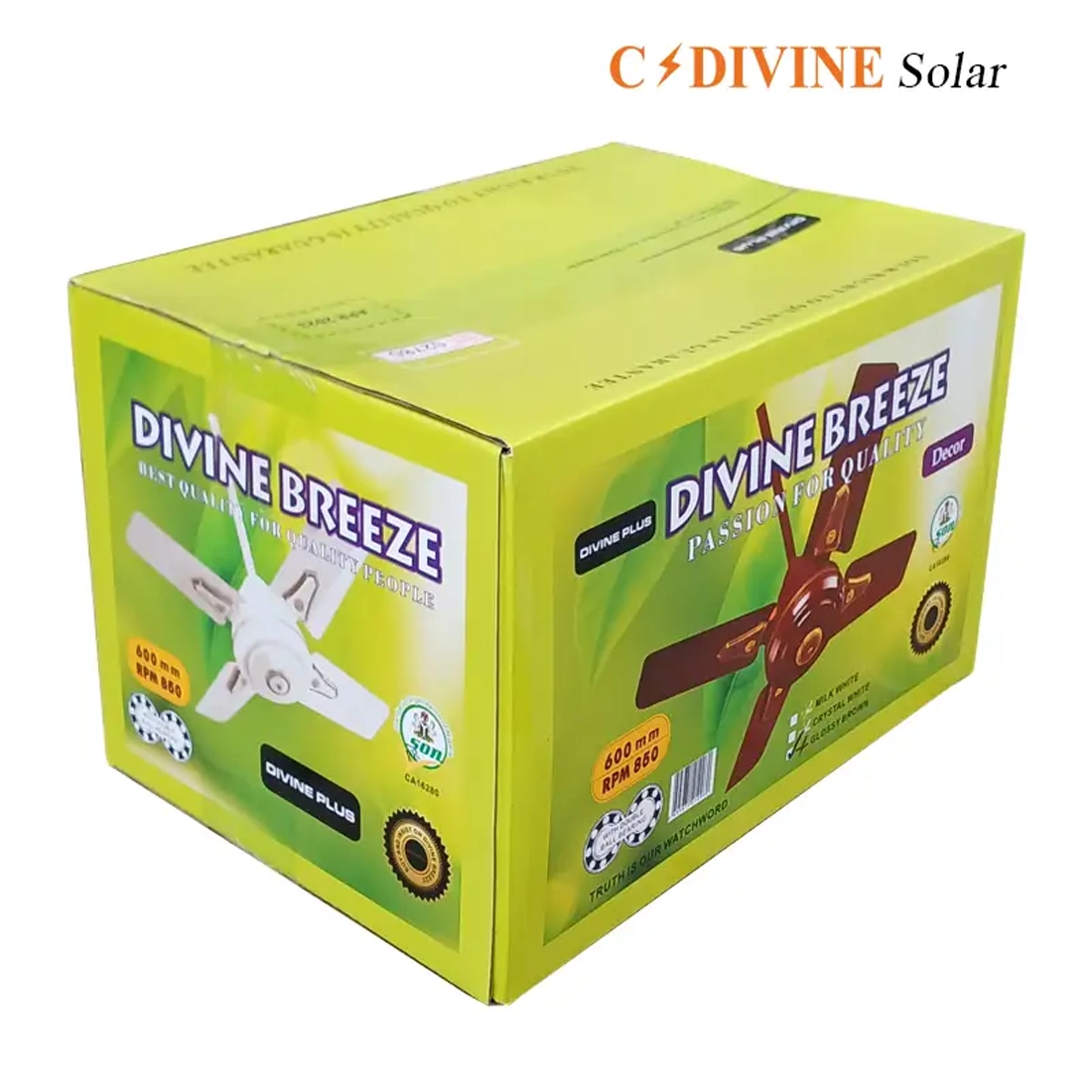 Divine Breeze product packaging showing two ceiling fan blades on a lime-green box with branding visible.